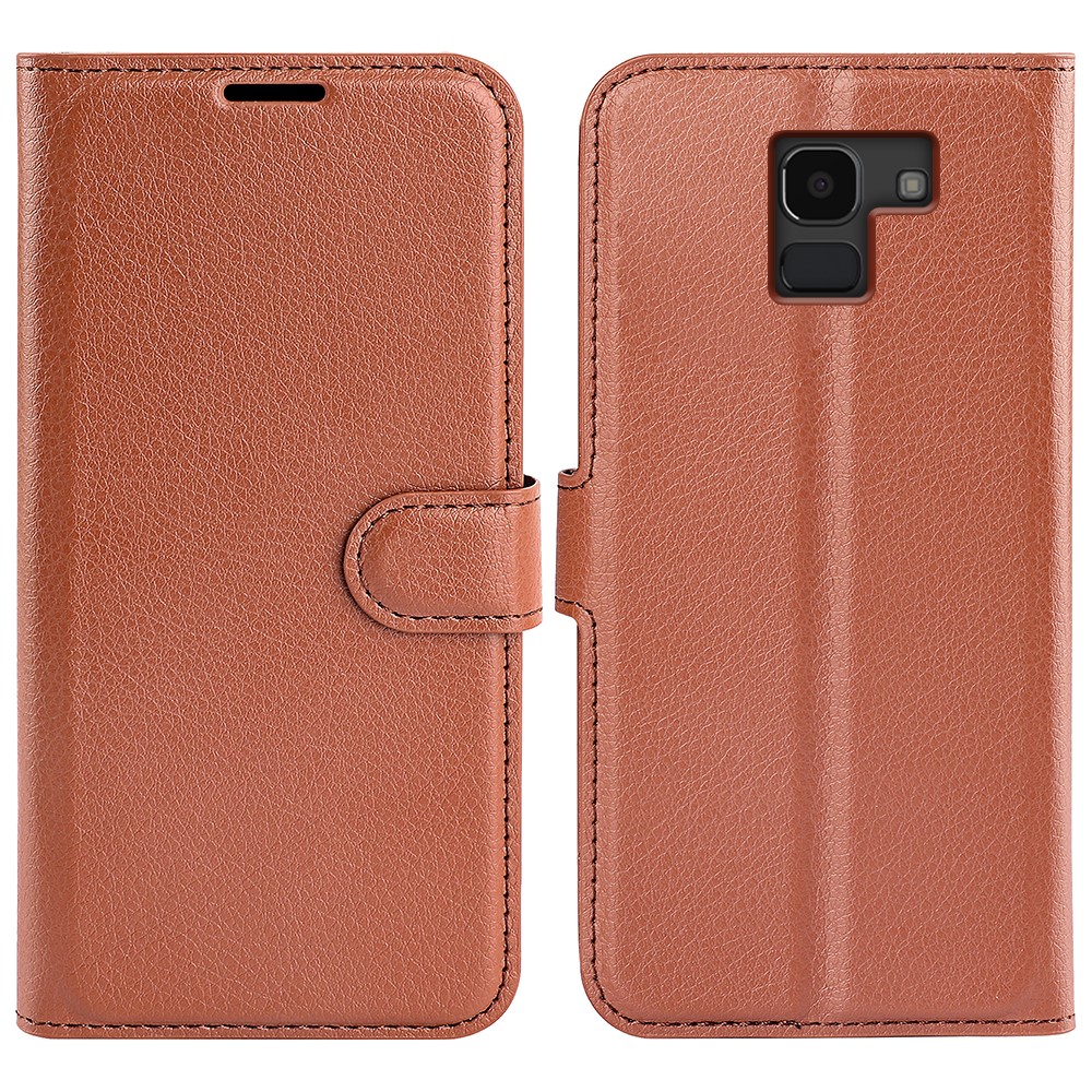 Caso De Proteção De Couro De Carteira Lichia Pele Para Samsung Galaxy J6 (2018) - Castanho-1