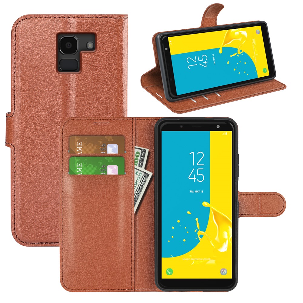 Litchi Skin Leather Stand Cover Com Slots de Cartão Para o Samsung Galaxy J6 (2018) Fechamento do Fecho Magnético - Castanho-5