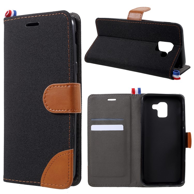 

Jeans Cloth Card Holder Stand Leather Mobile Case for Samsung Galaxy J6 (2018) - Black