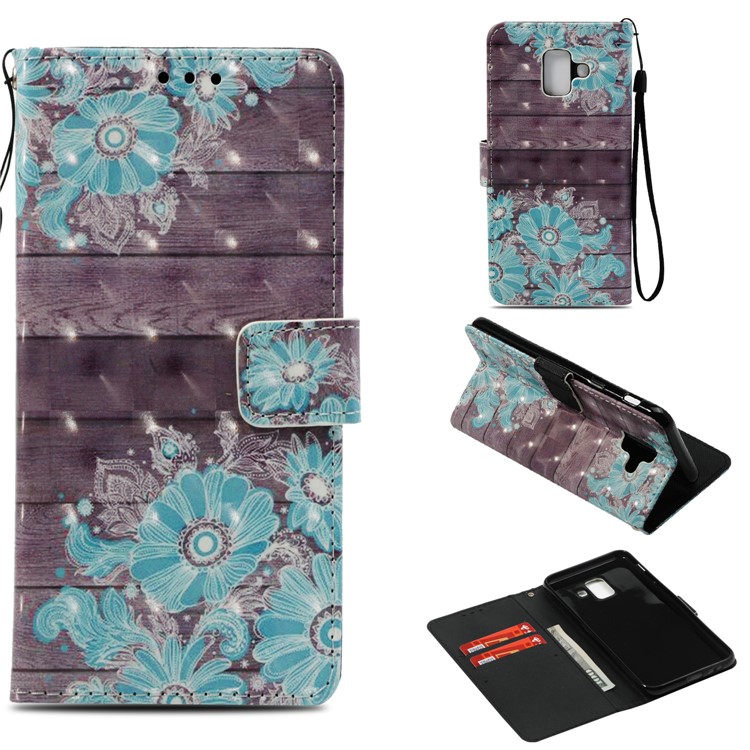 

For Samsung Galaxy A6 (2018) Patterned Leather Stand Wallet Protective Mobile Casing - Blue Flower, Galaxy A6 (2018)