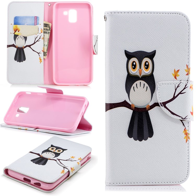 Padrão De Impressão Carteira De Couro Stand Shell Case Para Samsung Galaxy J6 (2018) - Coruja No Ramo-1