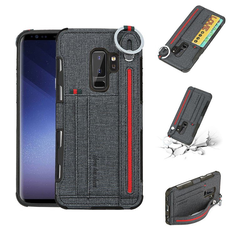 SHOUHUSHEN Card Holder Cloth Coated PC TPU Hybrid Cover for Samsung Galaxy S9 Plus SM-G965 - Black-1