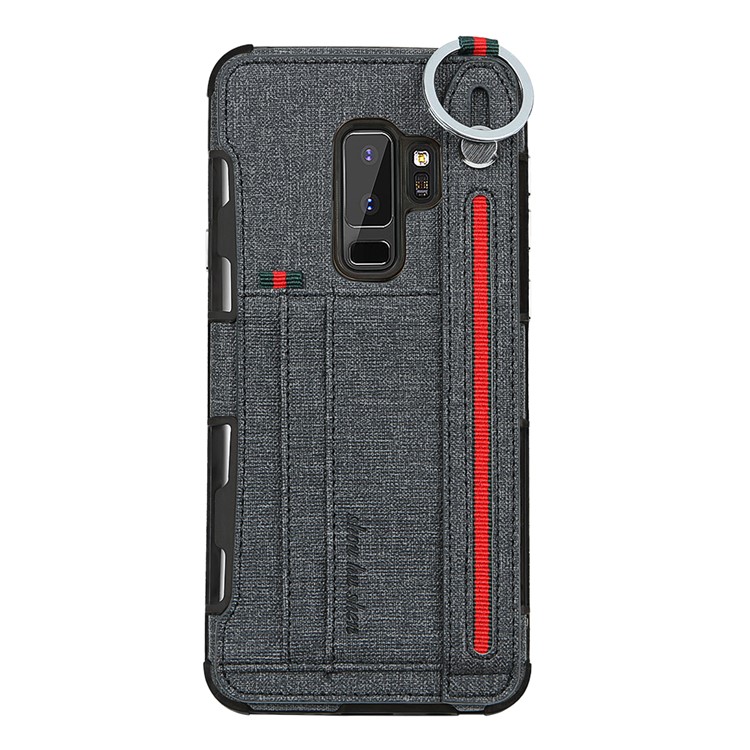 SHOUHUSHEN Card Holder Cloth Coated PC TPU Hybrid Cover for Samsung Galaxy S9 Plus SM-G965 - Black-2