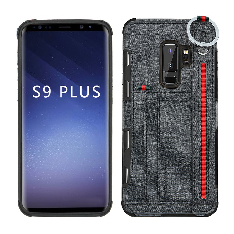 SHOUHUSHEN Card Holder Cloth Coated PC TPU Hybrid Cover for Samsung Galaxy S9 Plus SM-G965 - Black-3