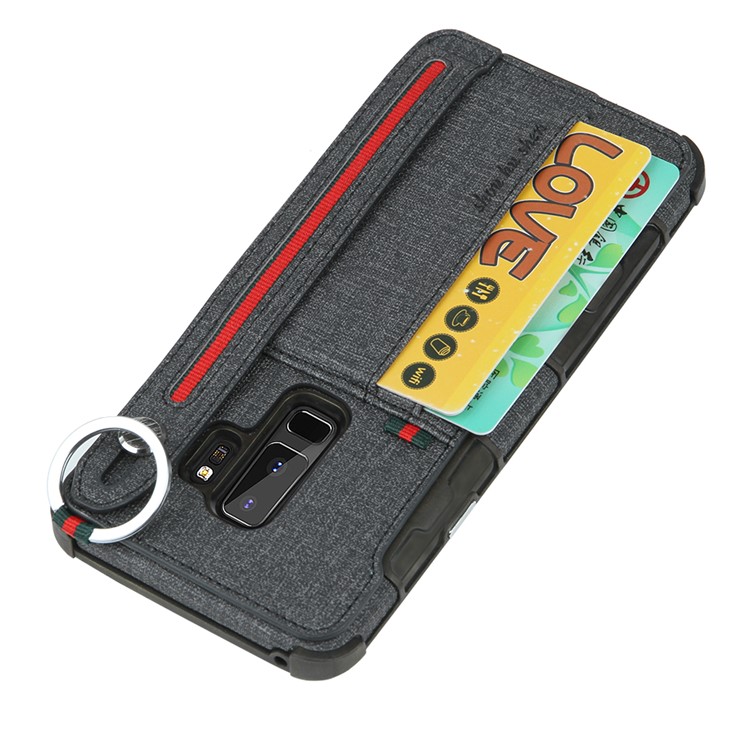 SHOUHUSHEN Card Holder Cloth Coated PC TPU Hybrid Cover for Samsung Galaxy S9 Plus SM-G965 - Black-4