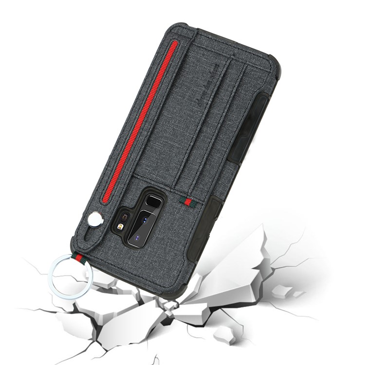 SHOUHUSHEN Card Holder Cloth Coated PC TPU Hybrid Cover for Samsung Galaxy S9 Plus SM-G965 - Black-5