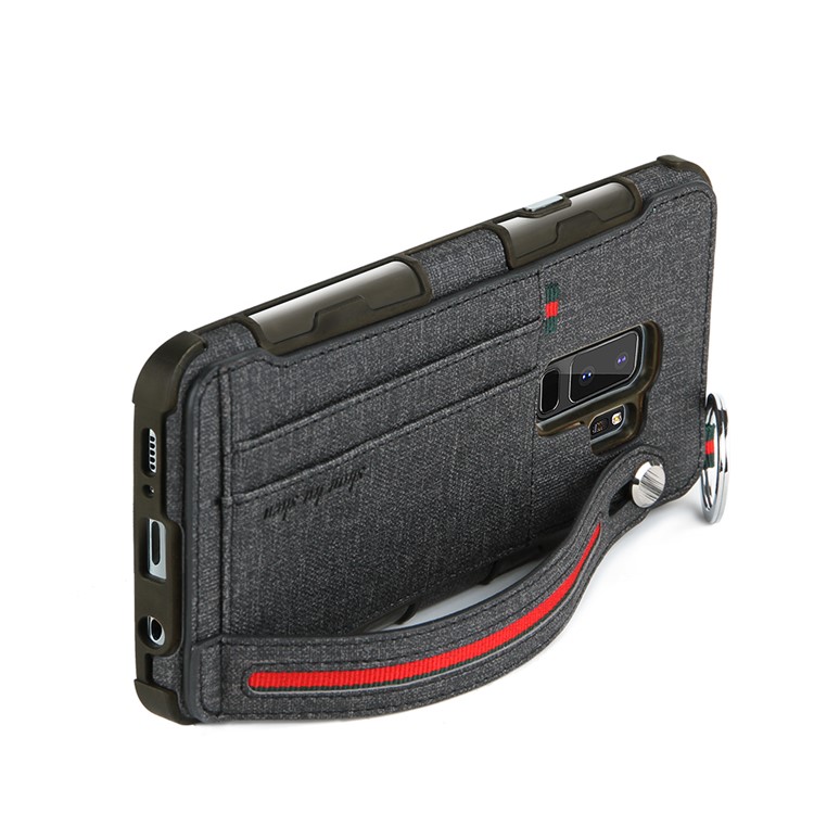 SHOUHUSHEN Card Holder Cloth Coated PC TPU Hybrid Cover for Samsung Galaxy S9 Plus SM-G965 - Black-6