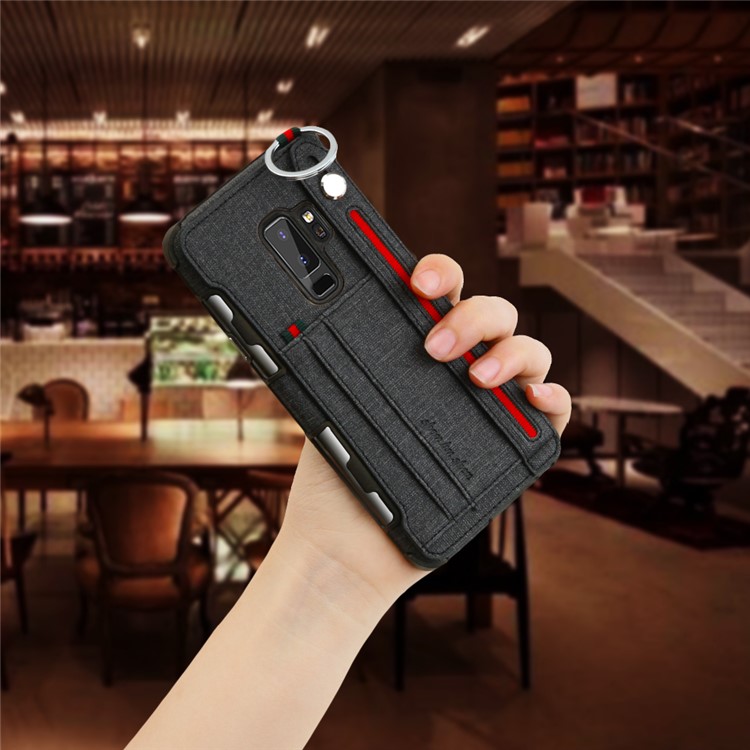 SHOUHUSHEN Card Holder Cloth Coated PC TPU Hybrid Cover for Samsung Galaxy S9 Plus SM-G965 - Black-7
