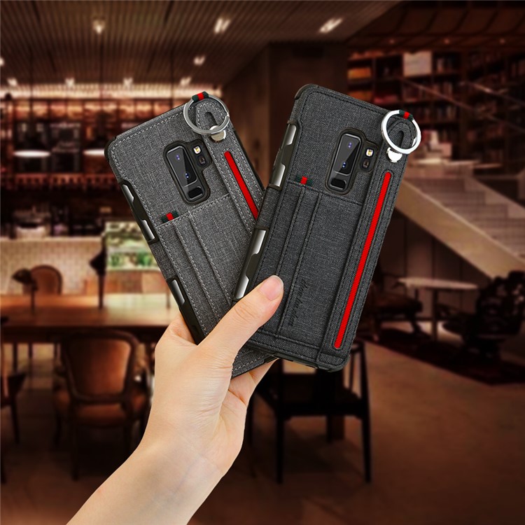 SHOUHUSHEN Card Holder Cloth Coated PC TPU Hybrid Cover for Samsung Galaxy S9 Plus SM-G965 - Black-9