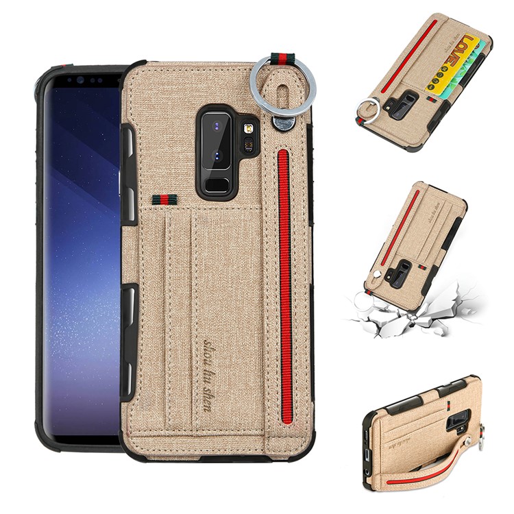 

SHOUHUSHEN Card Holder Cloth Coated PC TPU Hybrid Protection Phone Cover for Samsung Galaxy S9+ SM-G965 - Khaki
