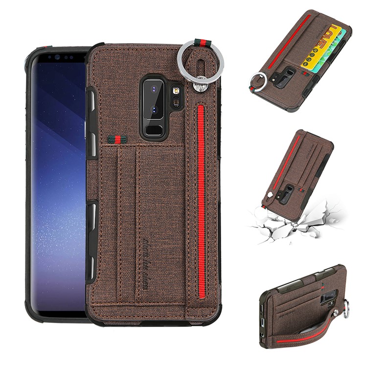 

SHOUHUSHEN Card Holder Cloth Coated Hybrid PC TPU Protection Cover Shell for Samsung Galaxy S9 + SM-G965 - Brown