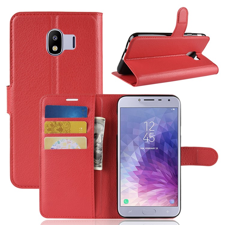 Carteira Do Couro Da Textura Do Litchi Está A Tampa Do Telefone Para A Galáxia J4 De Samsung (2018) - Vermelho-1