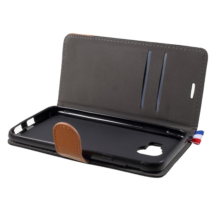 Jeans Cloth Card Holder Stand Leather Mobile Case for Samsung Galaxy J4 (2018) - Black-6