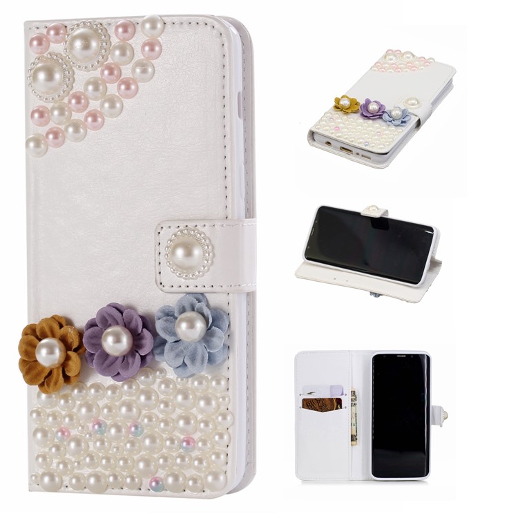 

Flowers and Pearls - For Samsung Galaxy S9 G960 Rhinestone Decor PU Leather Wallet Stand Flip Mobile Cover