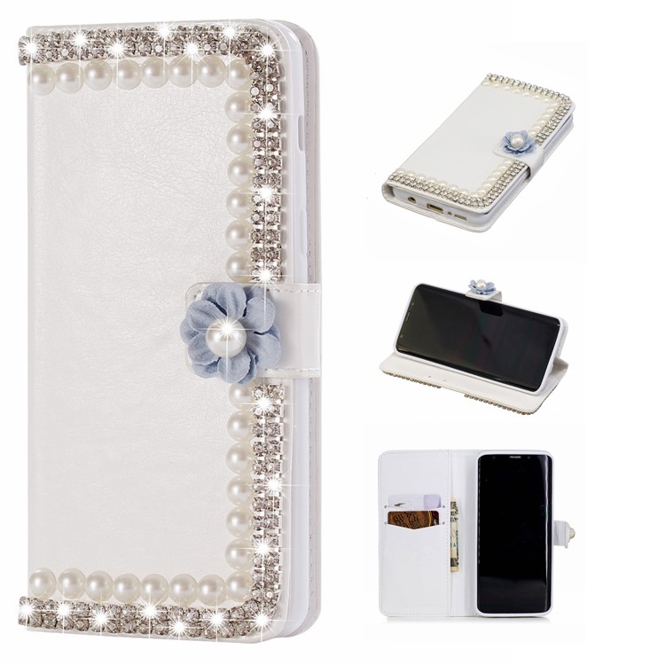 

Rhinestone and Pearl Decor Edges - For Samsung Galaxy S9 G960 Rhinestone Decor PU Leather Wallet Stand Flip Mobile Cover