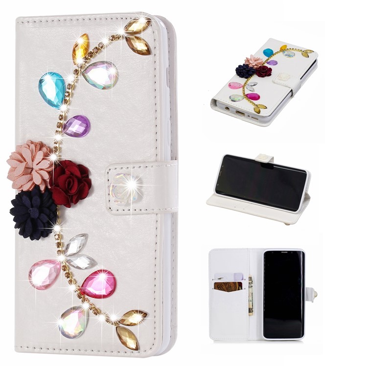 

Flower and Colorful Rhinestone - For Samsung Galaxy S9 G960 Rhinestone Decor PU Leather Wallet Stand Flip Mobile Cover