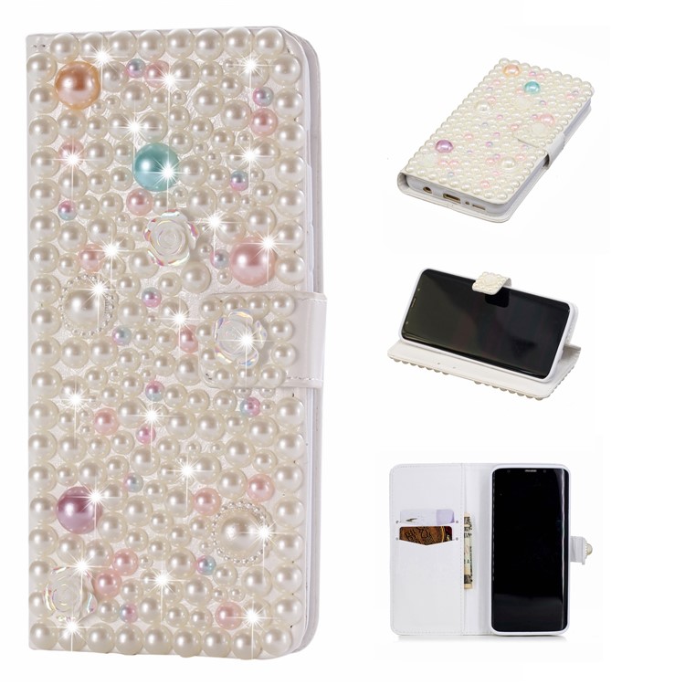 

Delicate Pearls - For Samsung Galaxy S9 G960 Rhinestone Decor PU Leather Wallet Stand Flip Mobile Cover