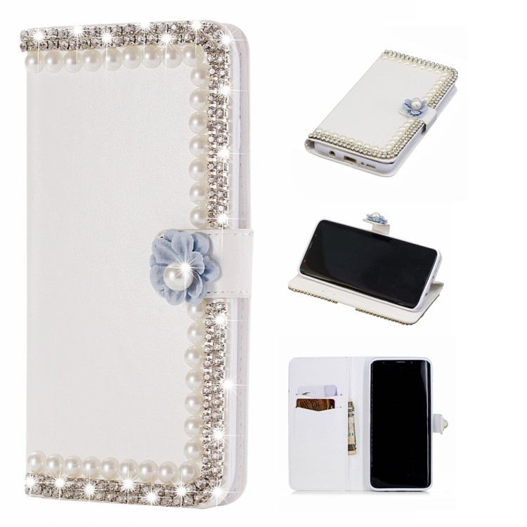 

Rhinestone and Pearl Decor Edges - For Samsung Galaxy S9+ G965 Rhinestone Decor PU Leather Wallet Stand Cover Shell