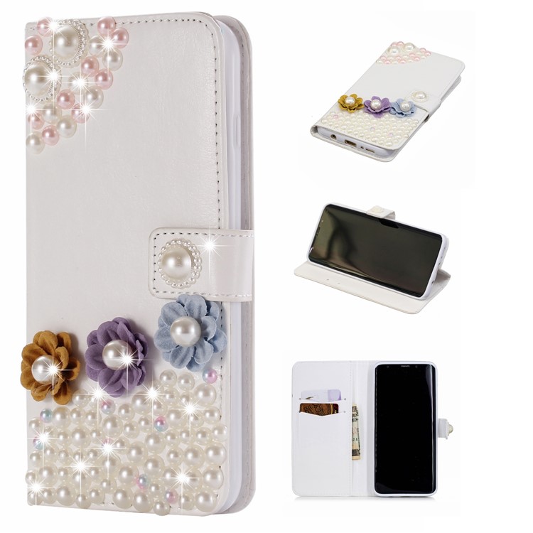 

Flowers and Pearls - For Samsung Galaxy S9+ G965 Rhinestone Decor PU Leather Wallet Stand Cover Shell