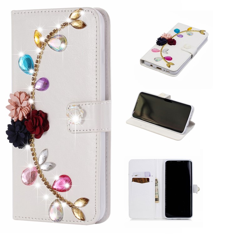 

Flower and Colorful Rhinestone - For Samsung Galaxy S9+ G965 Rhinestone Decor PU Leather Wallet Stand Cover Shell