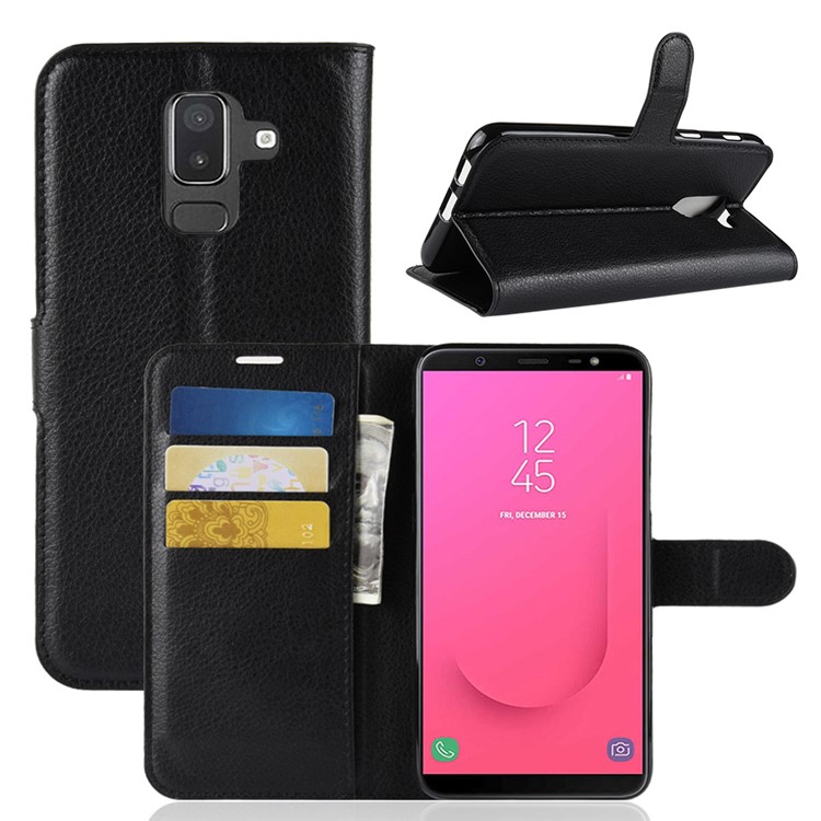 

Кожаный Чехол Кожаный Кошелек Litchi Для Галактики J8 Samsung (2018) - Черный, Galaxy J8 (2018)