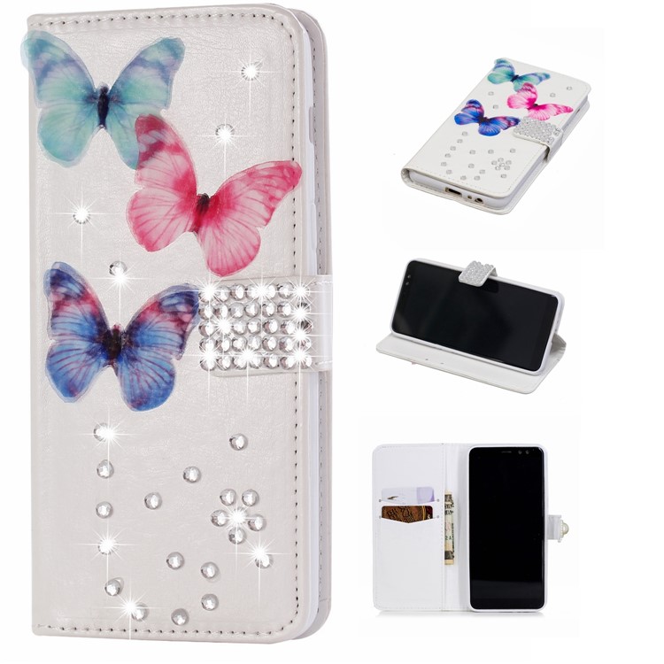 

Для Samsung Galaxy A8 (2018) Rhinestone Decor PU Кожаный Кошелек Подставка Для Телефона - Бабочка