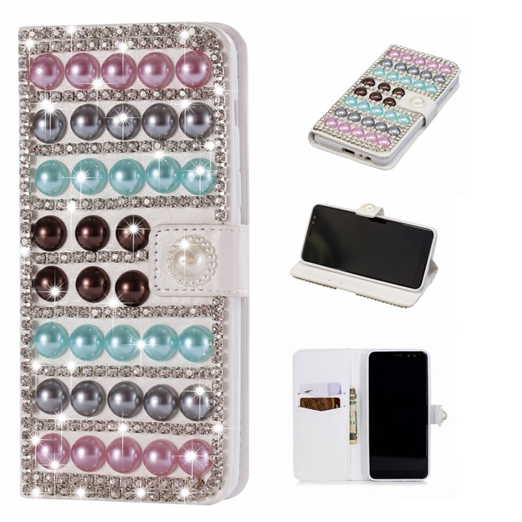 For Samsung Galaxy A8 (2018) Rhinestone Decor PU Leather Wallet Stand Mobile Case - Colorful Pearls-1