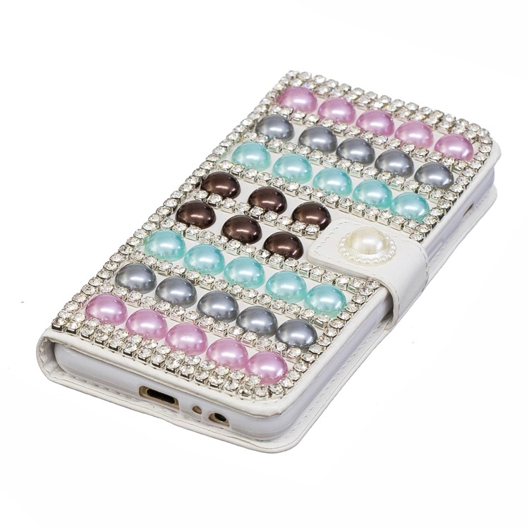 For Samsung Galaxy A8 (2018) Rhinestone Decor PU Leather Wallet Stand Mobile Case - Colorful Pearls-4