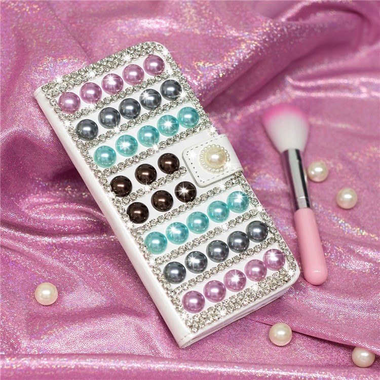 For Samsung Galaxy A8 (2018) Rhinestone Decor PU Leather Wallet Stand Mobile Case - Colorful Pearls-5