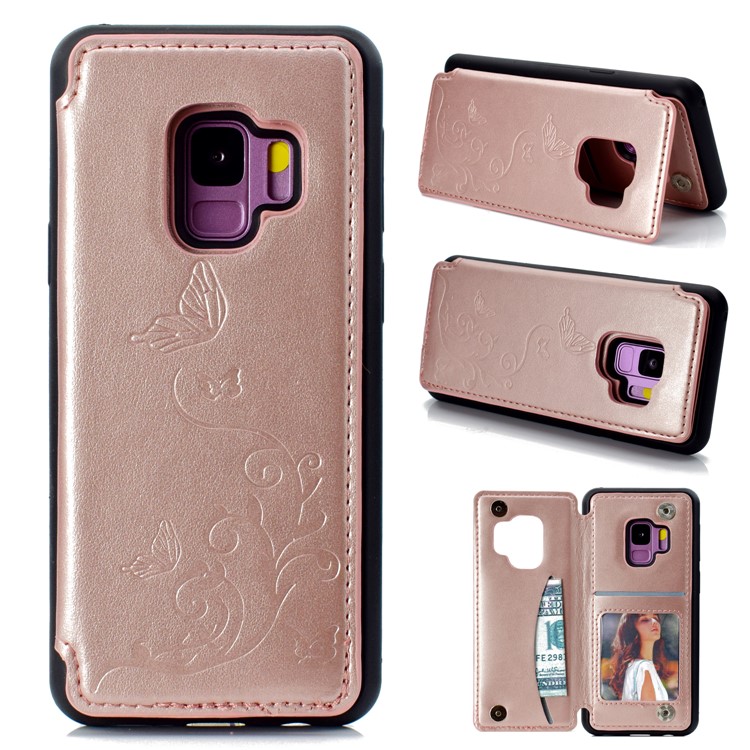 Imprint Butterfly Flower Card Slot PU Coated TPU Case with Kickstand for Samsung Galaxy S9 SM-G960 - Rose Gold-1