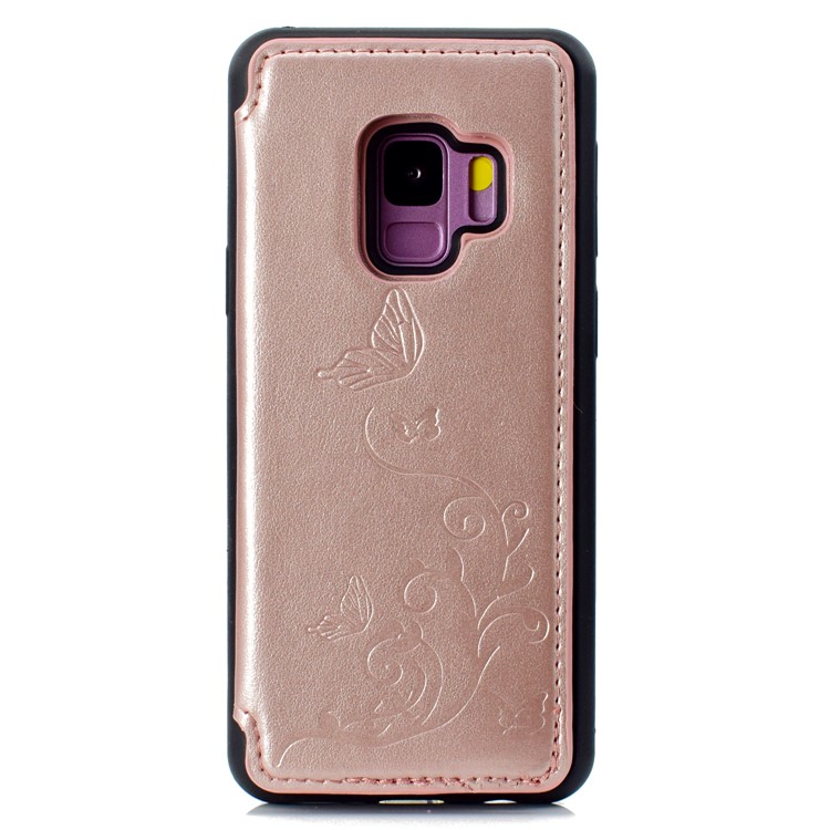 Imprint Butterfly Flower Card Slot PU Coated TPU Case with Kickstand for Samsung Galaxy S9 SM-G960 - Rose Gold-2