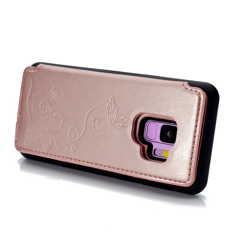Imprint Butterfly Flower Card Slot PU Coated TPU Case with Kickstand for Samsung Galaxy S9 SM-G960 - Rose Gold-5