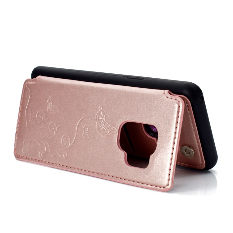 Imprint Butterfly Flower Card Slot PU Coated TPU Case with Kickstand for Samsung Galaxy S9 SM-G960 - Rose Gold-6