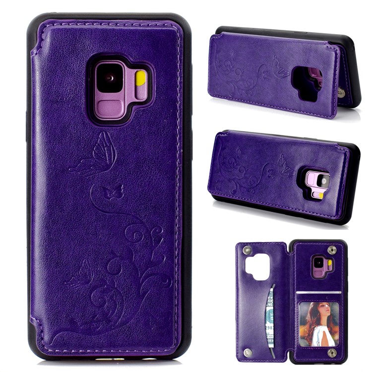 

Imprint Butterfly Flower Card Slot PU Coated TPU Casing with Kickstand for Samsung Galaxy S9 SM-G960 - Purple
