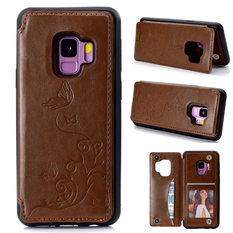 

Imprint Butterfly Flower Card Slot PU Coated TPU Mobile Phone Case with Kickstand for Samsung Galaxy S9 SM-G960 - Brown