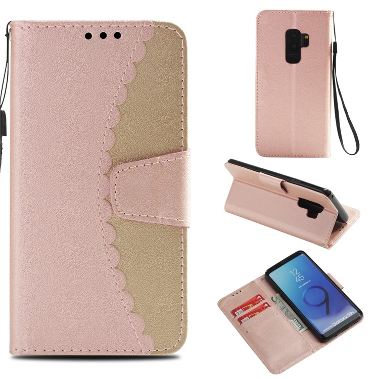 

Bi-color Splicing Card Holder Leather Mobile Casing for Samsung Galaxy S9 Plus SM-G965 - Rose Gold / Gold