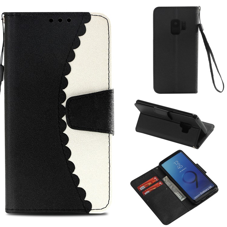 

Bi-color Splicing Wallet Stand Leather Cell Phone Cover for Samsung Galaxy S9 - Black / White
