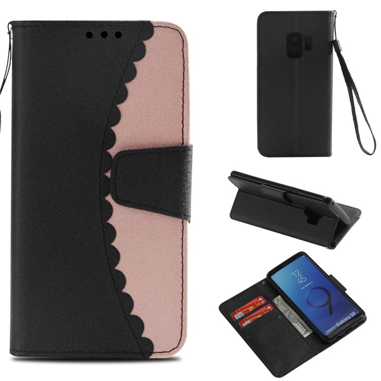 

Bi-color Splicing Wallet Stand Leather Flip Phone Cover Accessory for Samsung Galaxy S9 - Black / Rose Gold