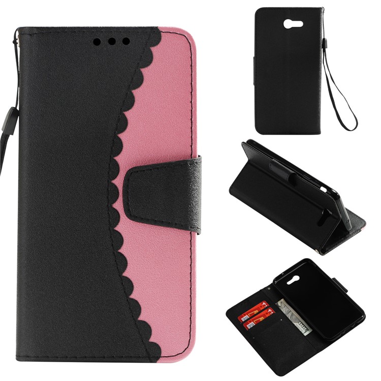 

For Samsung Galaxy J7 V / J7 Perx Bi-color Splicing PU Leather Wallet Stand Casing - Black / Rose