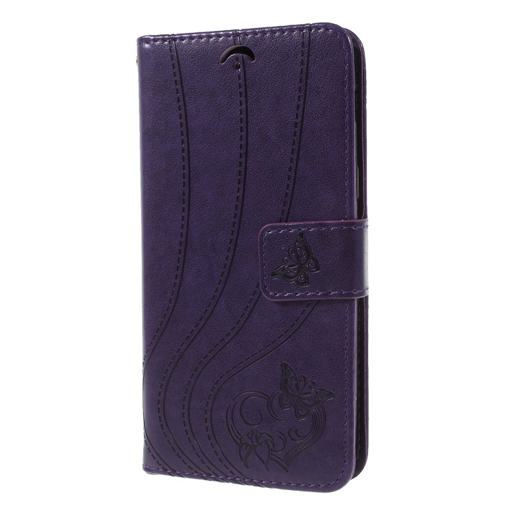 Imprint Butterfly Heart Leather Wallet Stand Mobile Phone Case for Samsung Galaxy J7 (2018) J737 - Dark Purple-3
