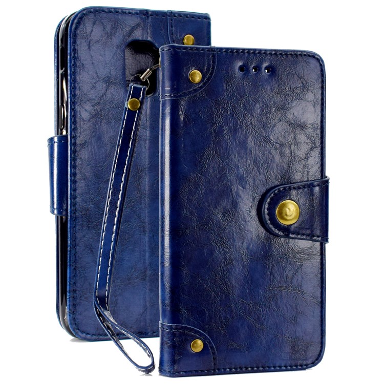 

For Samsung Galaxy J6 (2018) 5-Slot Vintage Oil Wax Leather Wallet Mobile Cover Accessory - Blue, Galaxy J6 (2018)