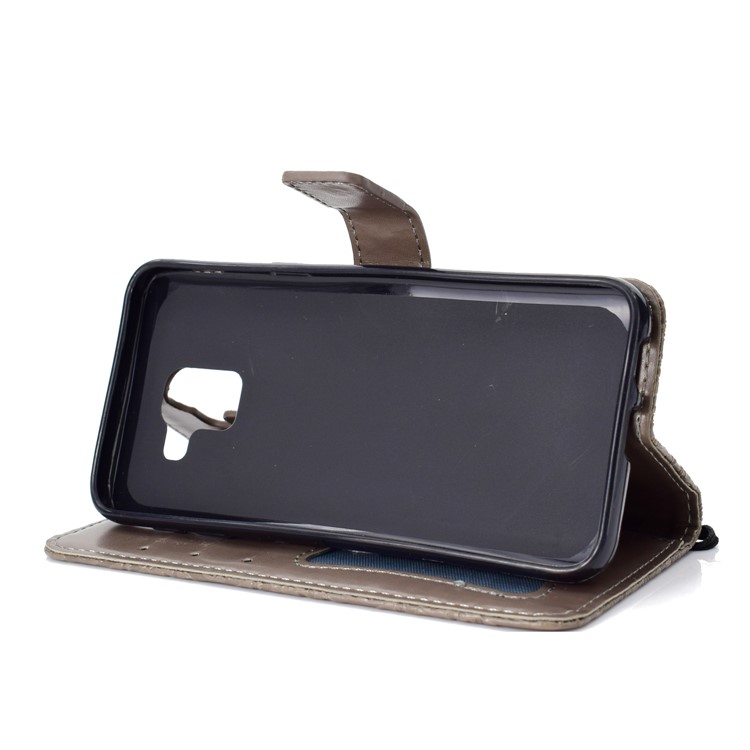 Pour Samsung Galaxy J6 (2018) Empreinte Feuilles En Cuir Stand Portefeuille Téléphone Shell - Gris-5