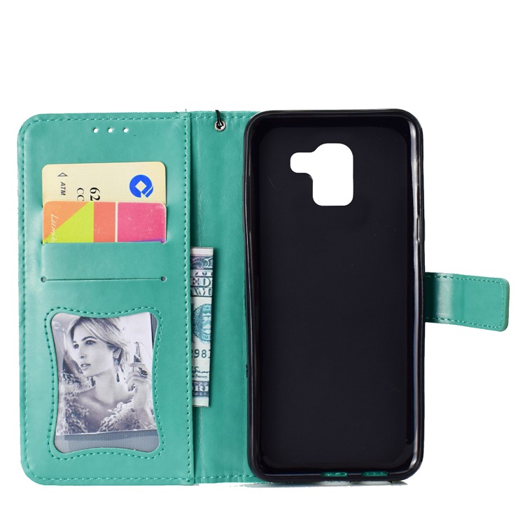 Para A Galáxia De Samsung J6 (2018) Imprima O Caso Móvel Da Carteira Do Suporte Do Couro Da Folha - Ciano-8