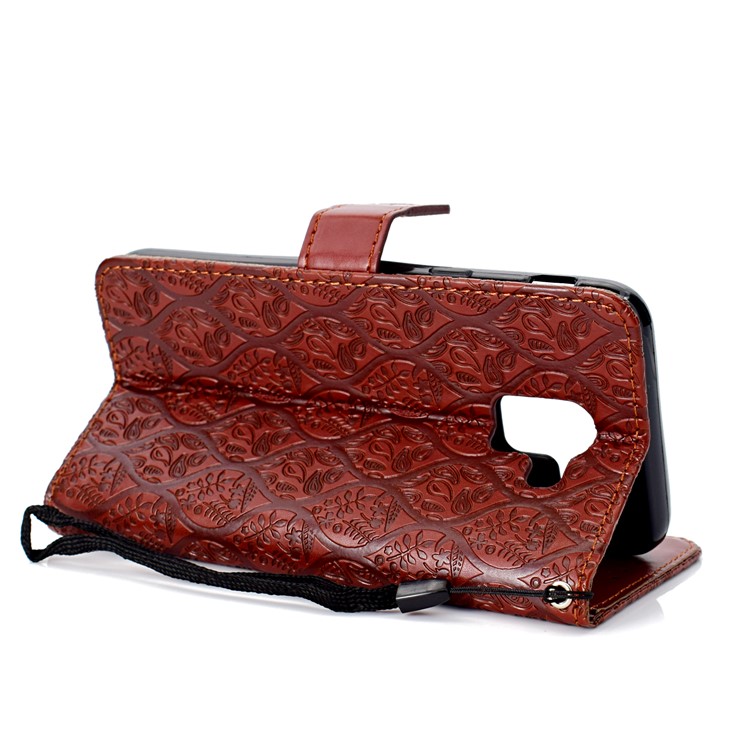 For Samsung Galaxy J6 (2018) Imprint Leaf Leather Stand Wallet Mobile Phone Casing - Brown-4