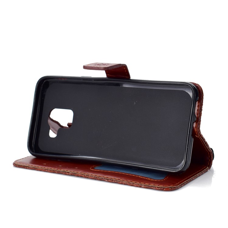 For Samsung Galaxy J6 (2018) Imprint Leaf Leather Stand Wallet Mobile Phone Casing - Brown-5