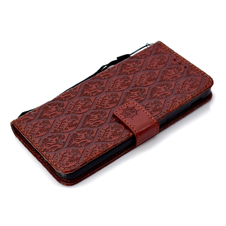 For Samsung Galaxy J6 (2018) Imprint Leaf Leather Stand Wallet Mobile Phone Casing - Brown-6