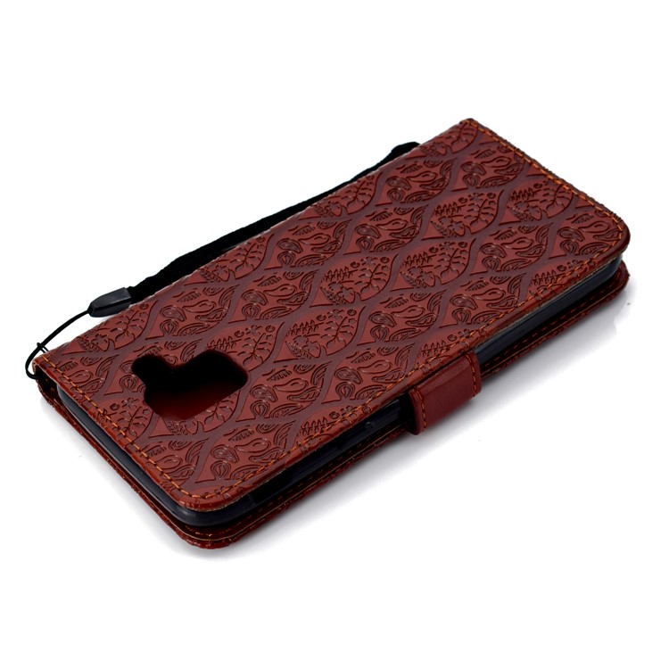 For Samsung Galaxy J6 (2018) Imprint Leaf Leather Stand Wallet Mobile Phone Casing - Brown-7