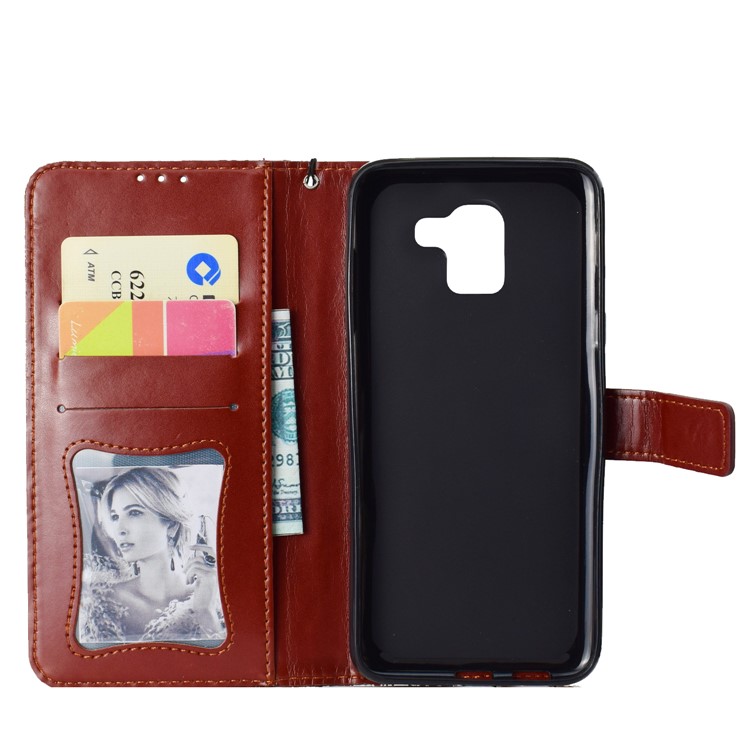For Samsung Galaxy J6 (2018) Imprint Leaf Leather Stand Wallet Mobile Phone Casing - Brown-8