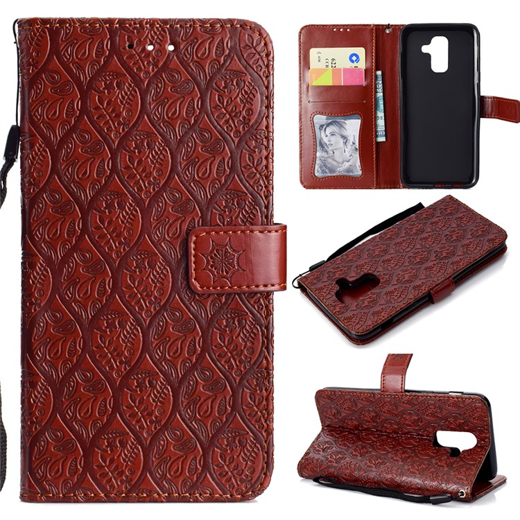 Imprint Leaf Wallet Leather Cell Phone Case for Samsung Galaxy A6+ (2018) / A9 Star Lite - Brown-1