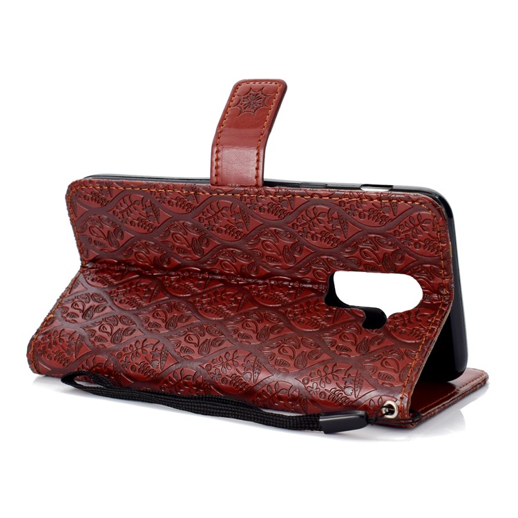 Imprint Leaf Wallet Leather Cell Phone Case for Samsung Galaxy A6+ (2018) / A9 Star Lite - Brown-5